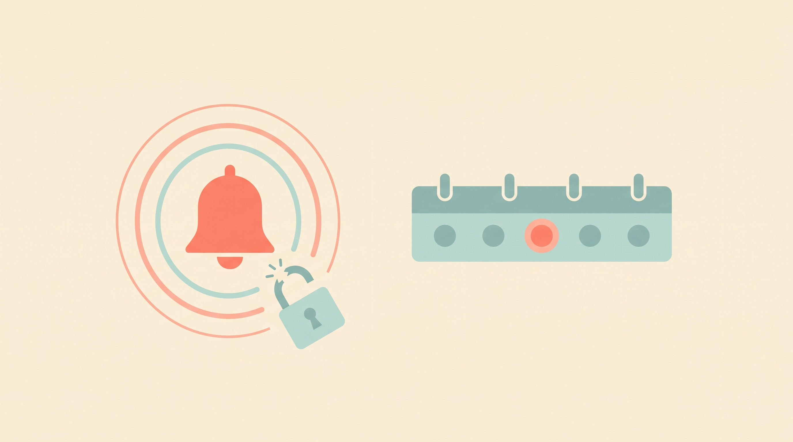 A phone notification bell breaking free of a small open padlock that had been silently muting it, gentle radiating pulse rings around the bell, beside a simple calendar strip with one day softly highlighted