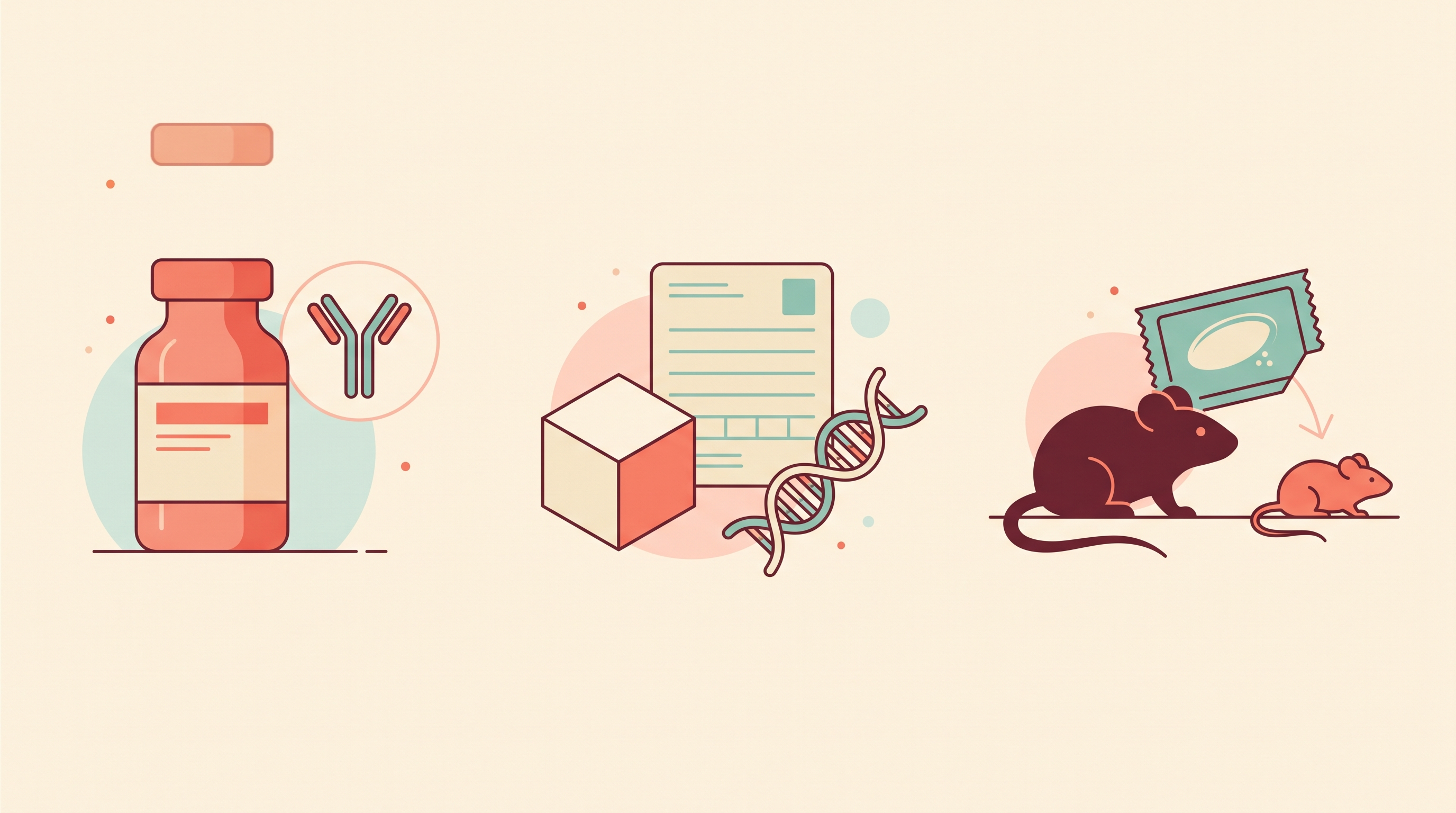 Three vignettes: a pharmaceutical vial beside a small antibody-molecule icon, a sugar cube beside a ration-book-style card and a short DNA helix strand, and a small mouse silhouette beside a sweetener packet with a faint arrow pointing to a second, smaller mouse silhouette