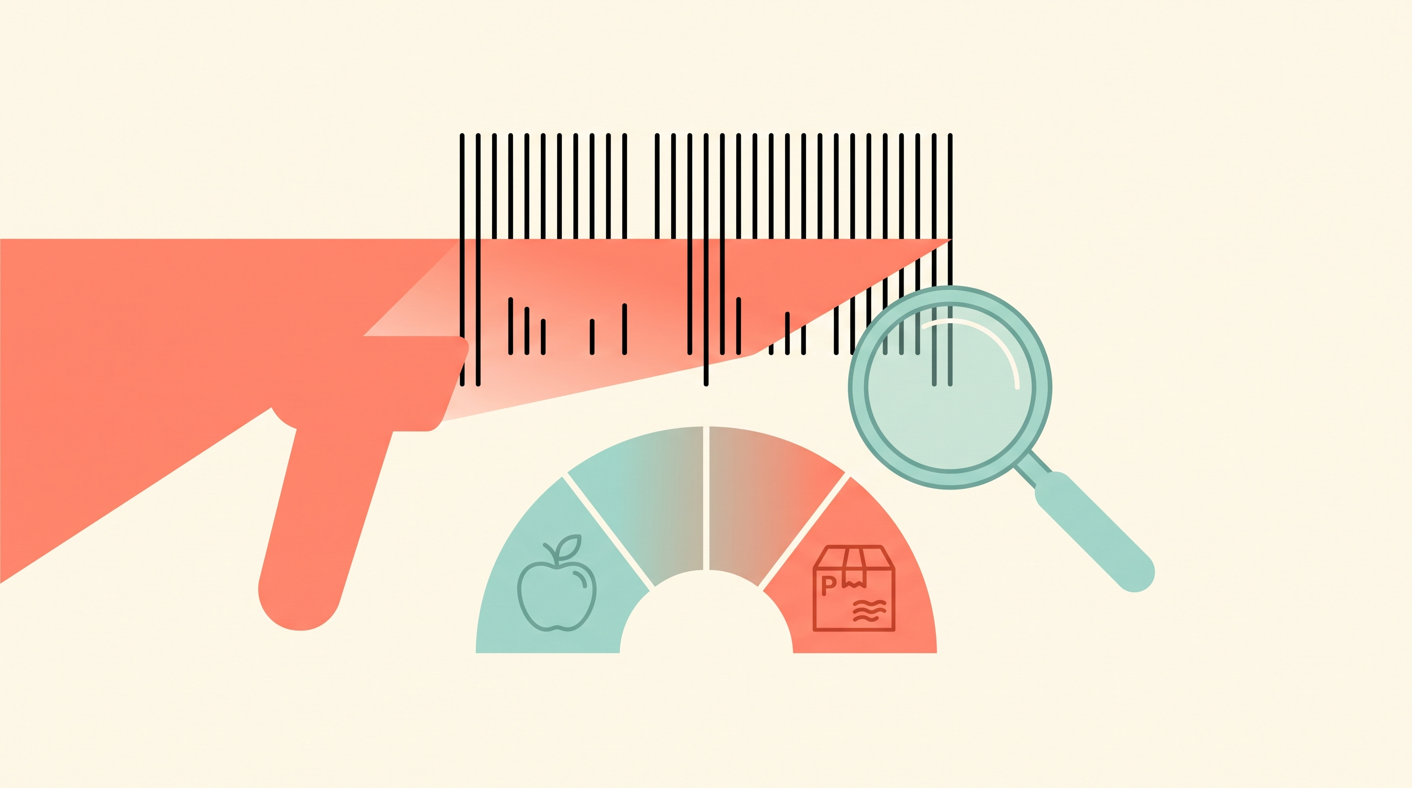 A barcode being scanned by a beam of light, revealing beneath it a small round classification dial with segments shading from a simple whole-food icon to a heavily processed package icon, a magnifying glass hovering nearby