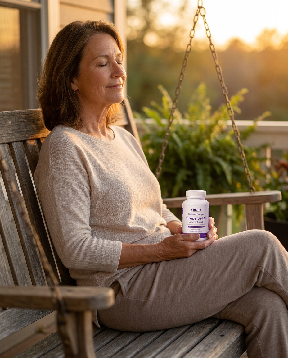 A woman relaxed outdoors on a porch