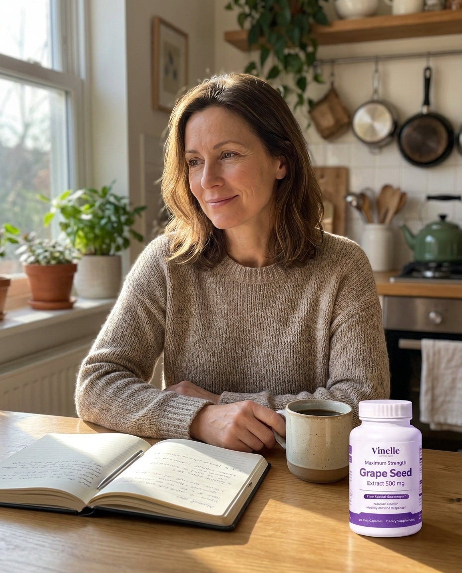 A woman at her kitchen table in soft morning light