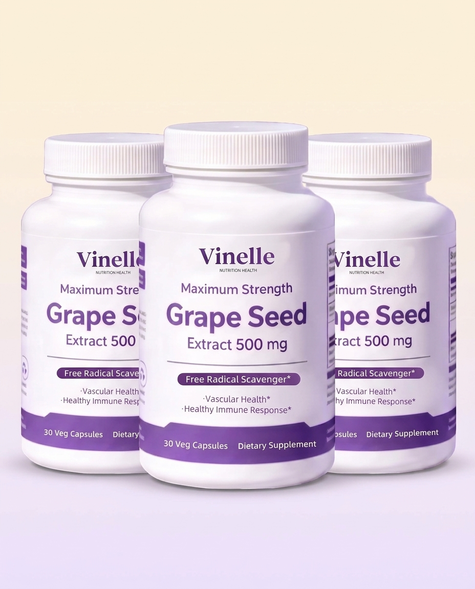 Three bottles of Vinelle grape seed extract in a row