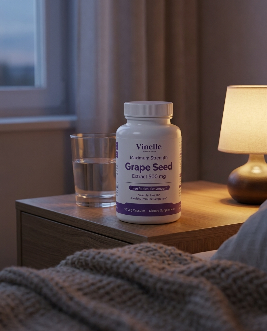 A calm bedroom nightstand at dusk