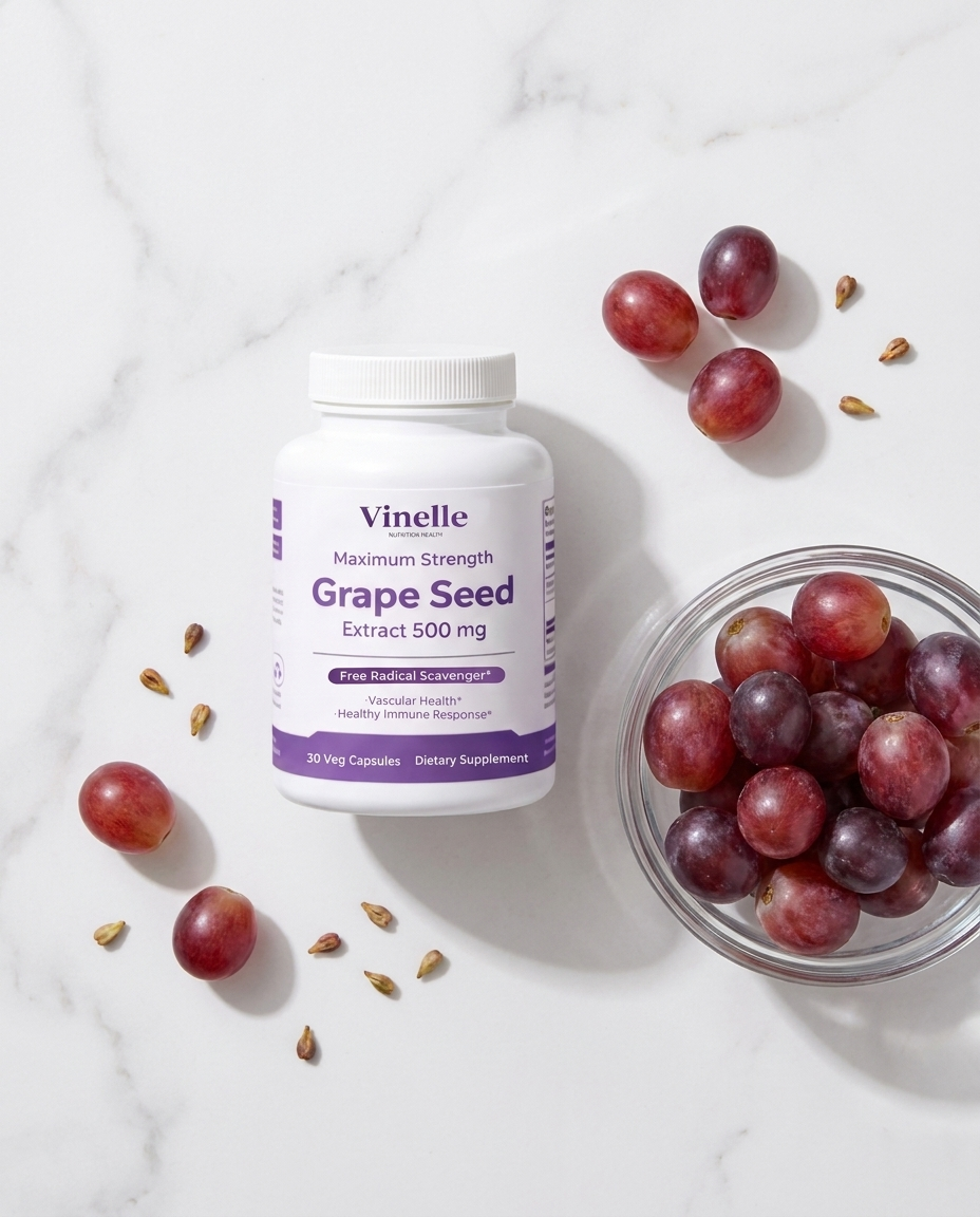 Grape seed extract flatlay with whole grapes