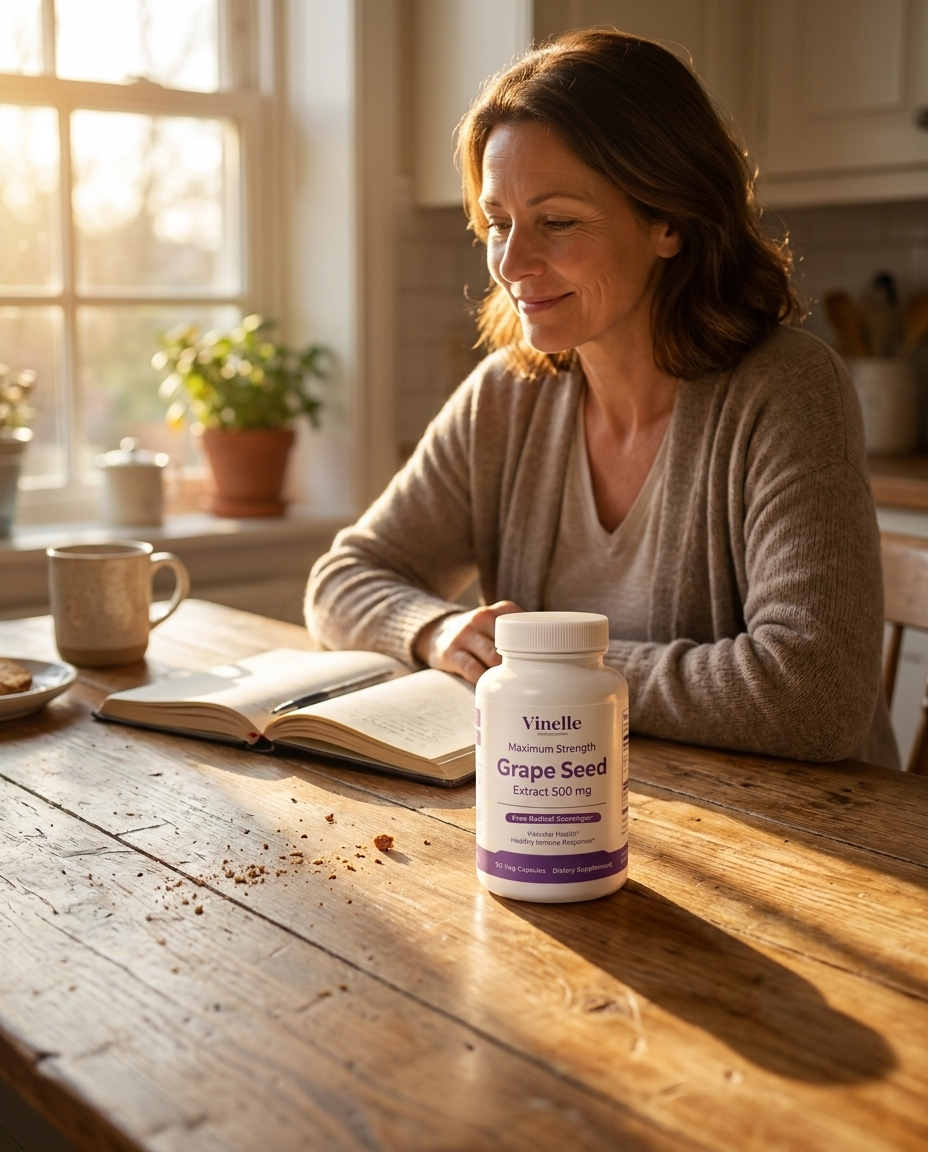 A woman at her kitchen table in soft morning light