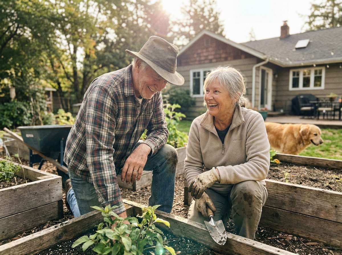 Active older couple in the garden