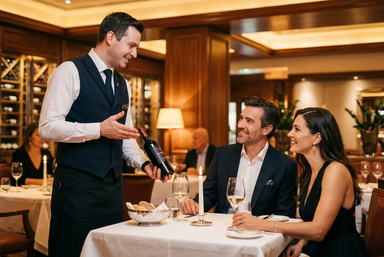Professionista che consiglia il vino al tavolo