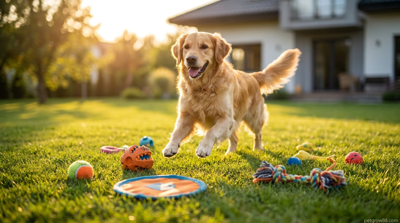 Golden retriever playing with dog toys
