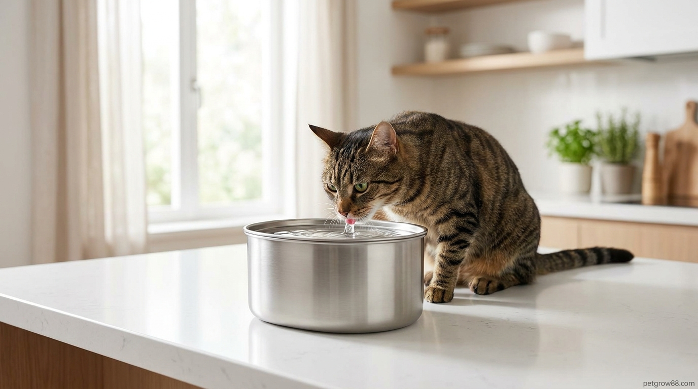 Cat drinking from a water fountain