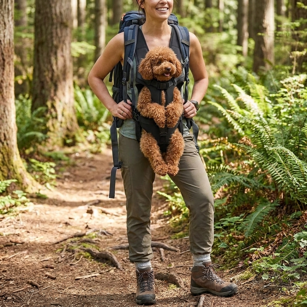 Hands-Free Dog Carrier Backpack – Padded & Breathable, Front or Back Wear shown in a room