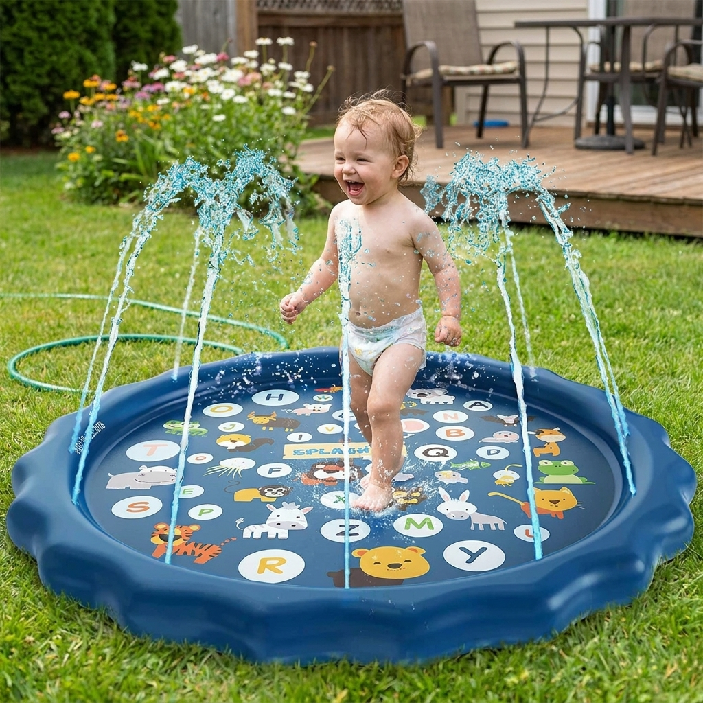 Kids Sprinkler Splash Pad – Inflatable Water Play Mat for Garden & Lawn shown in a room