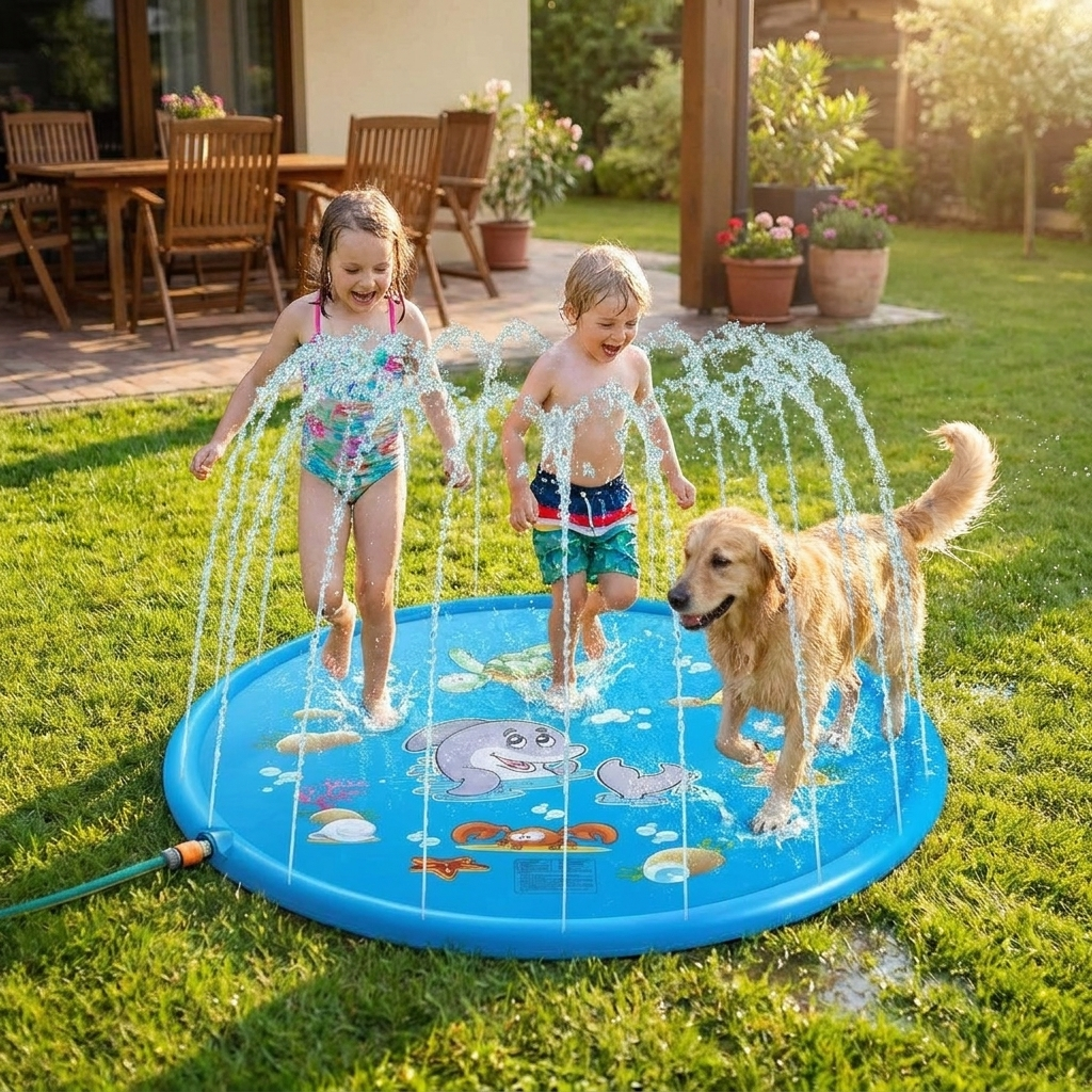 Round Splash Pad Sprinkler – Inflatable Water Play Pool for Kids shown in a room