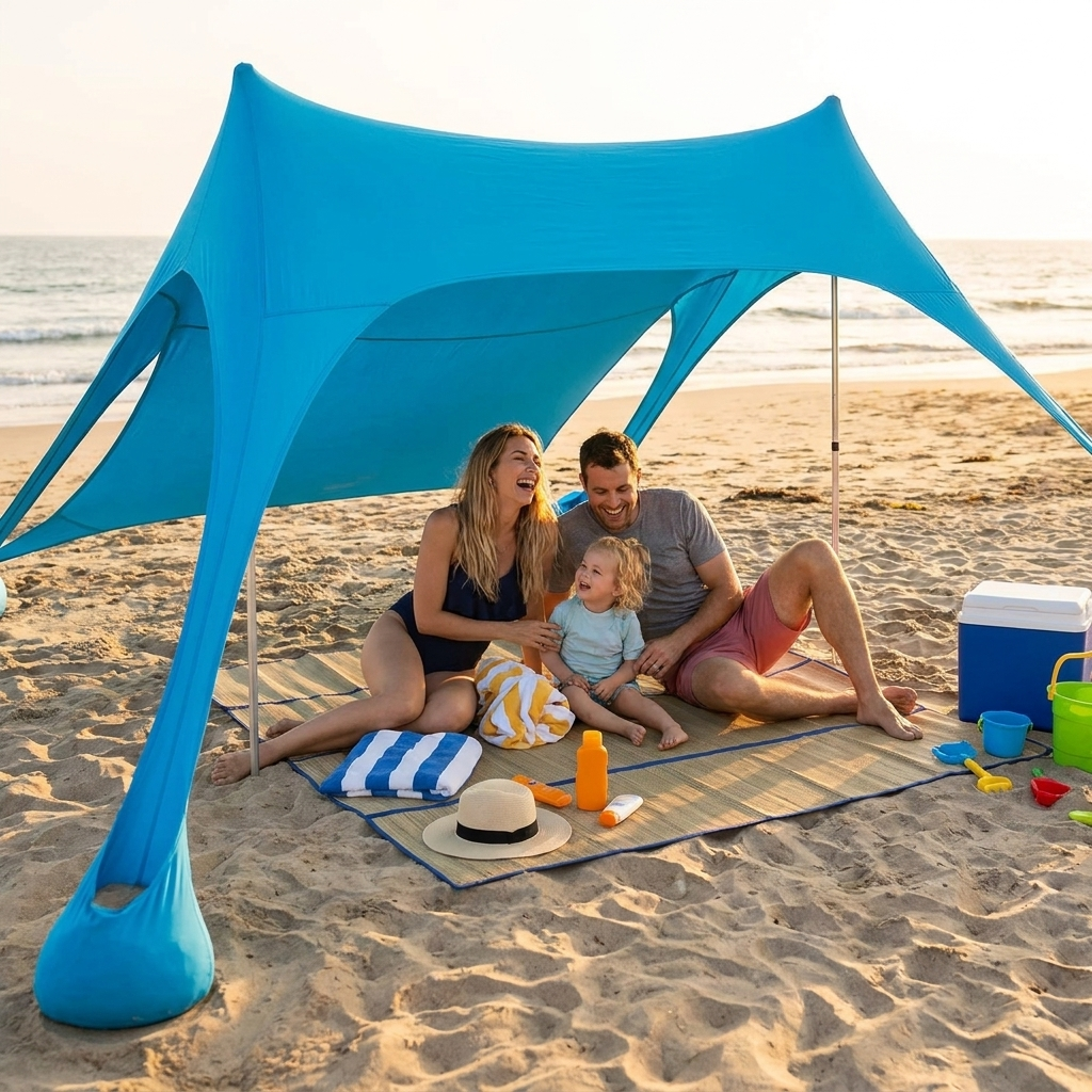 Beach Sun Shade Canopy – Lightweight UV Shelter with Carry Bag shown in a room