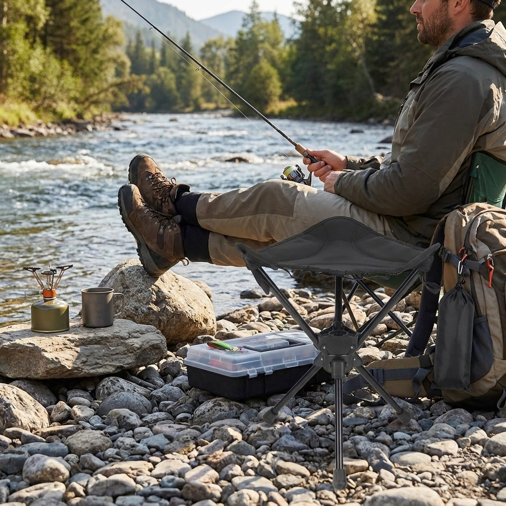 360° Folding Camping Stool – Lightweight Rotating Chair for Fishing & Picnics shown in a room