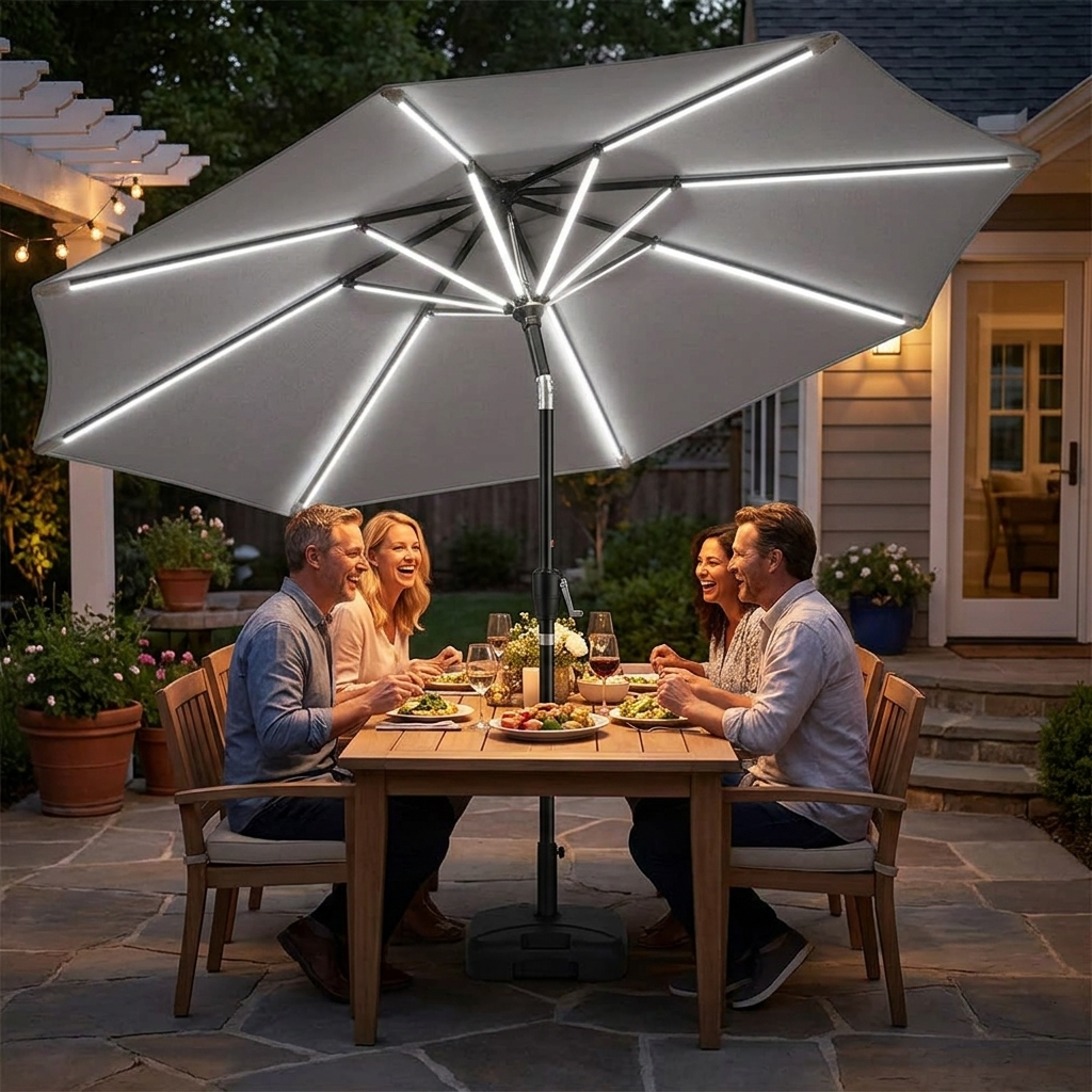 Solar LED Patio Umbrella – Large Garden Parasol with Built-In Lights shown in a room
