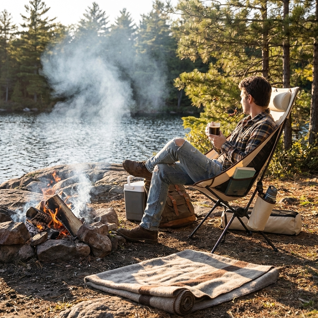 Folding Camping Chair with Headrest – Lightweight Aluminium, Packs Away shown in a room