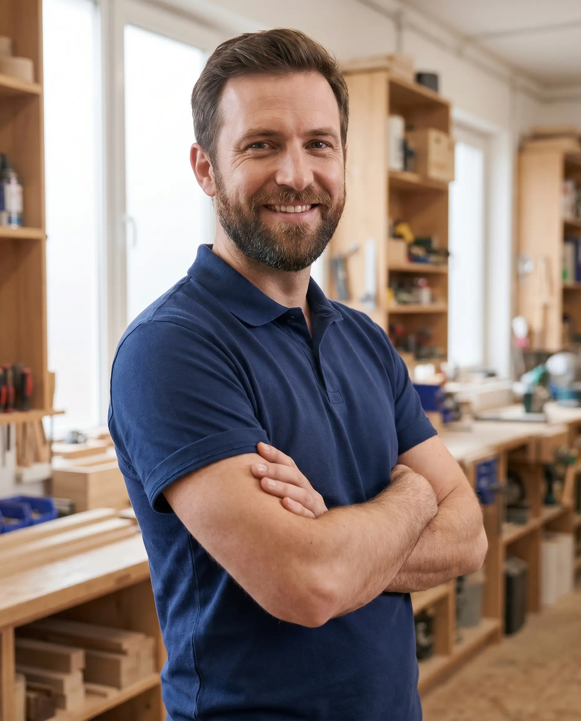 Tradesman wearing a navy embroidered work polo shirt in a workshop