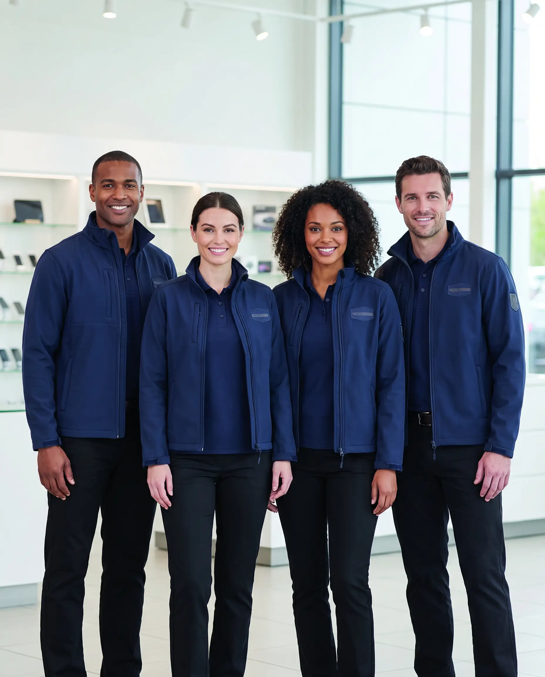 A team of four employees in matching navy branded uniforms