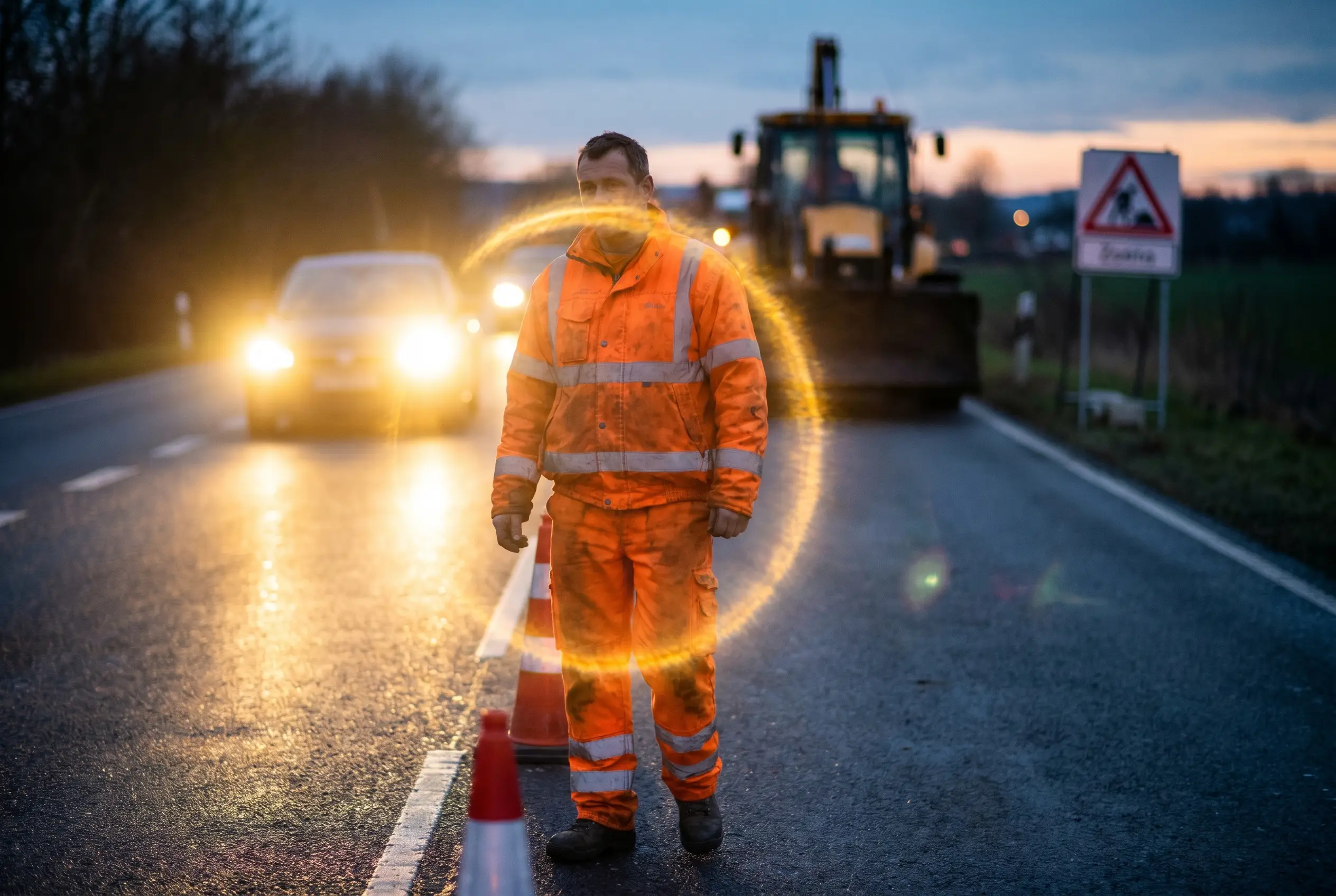 Road worker in an orange hi-vis suit with reflective strips beside a road at dusk