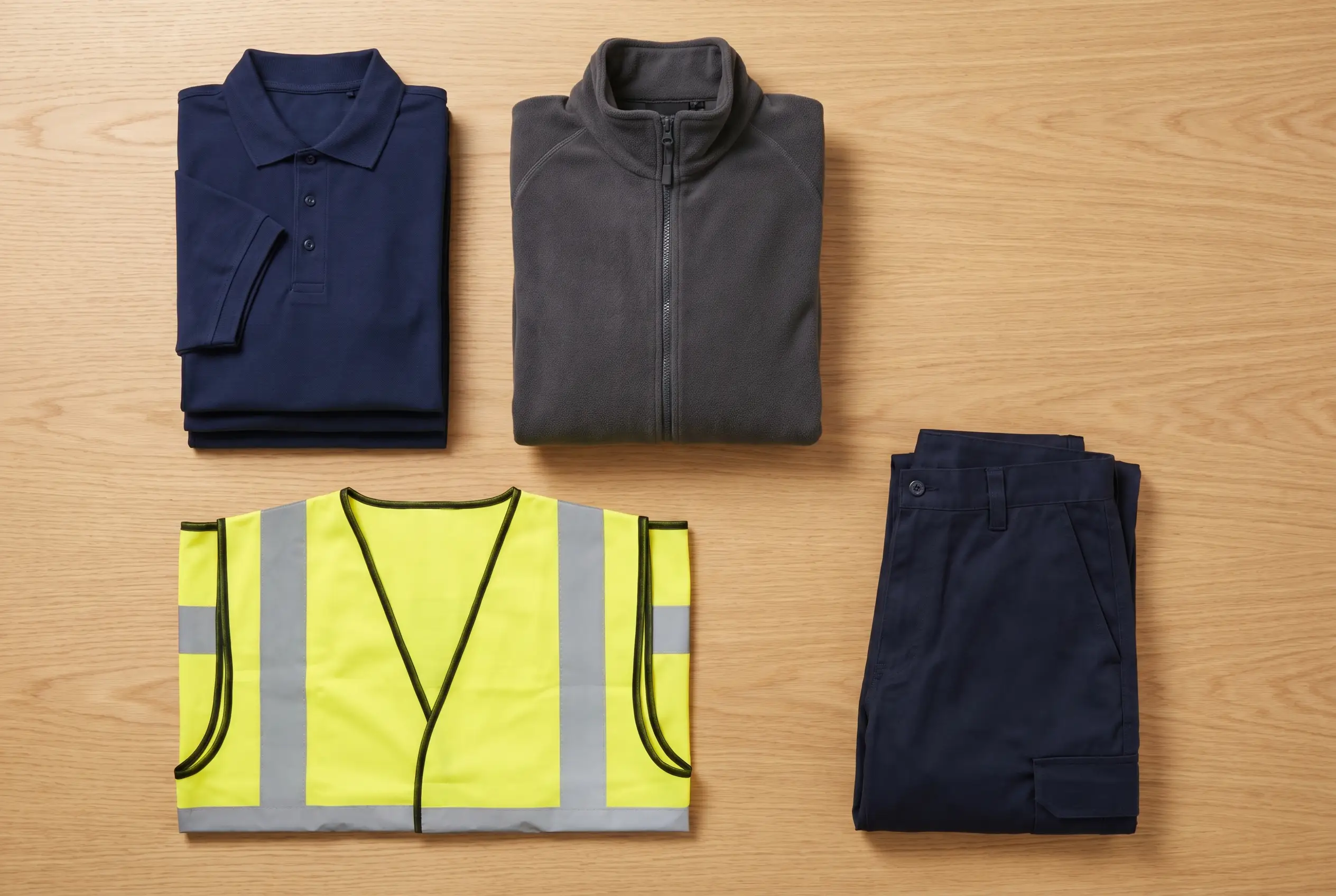 Flat lay of workwear including a navy polo, grey fleece, yellow hi-vis vest and work trousers