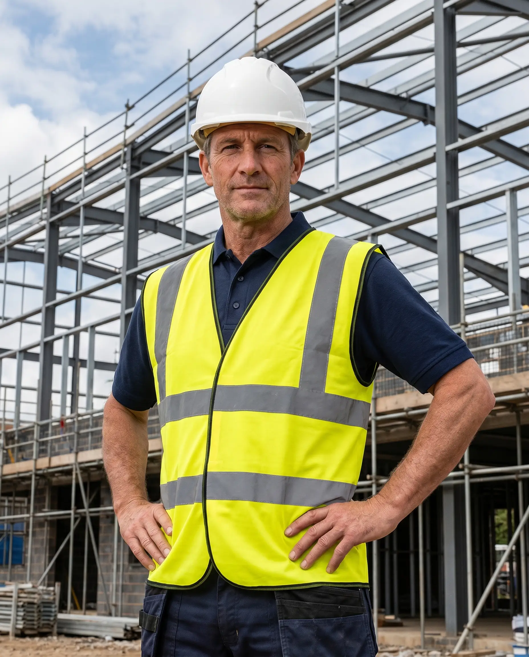 Construction worker in a navy work polo and yellow hi-vis vest with a hard hat on a building site