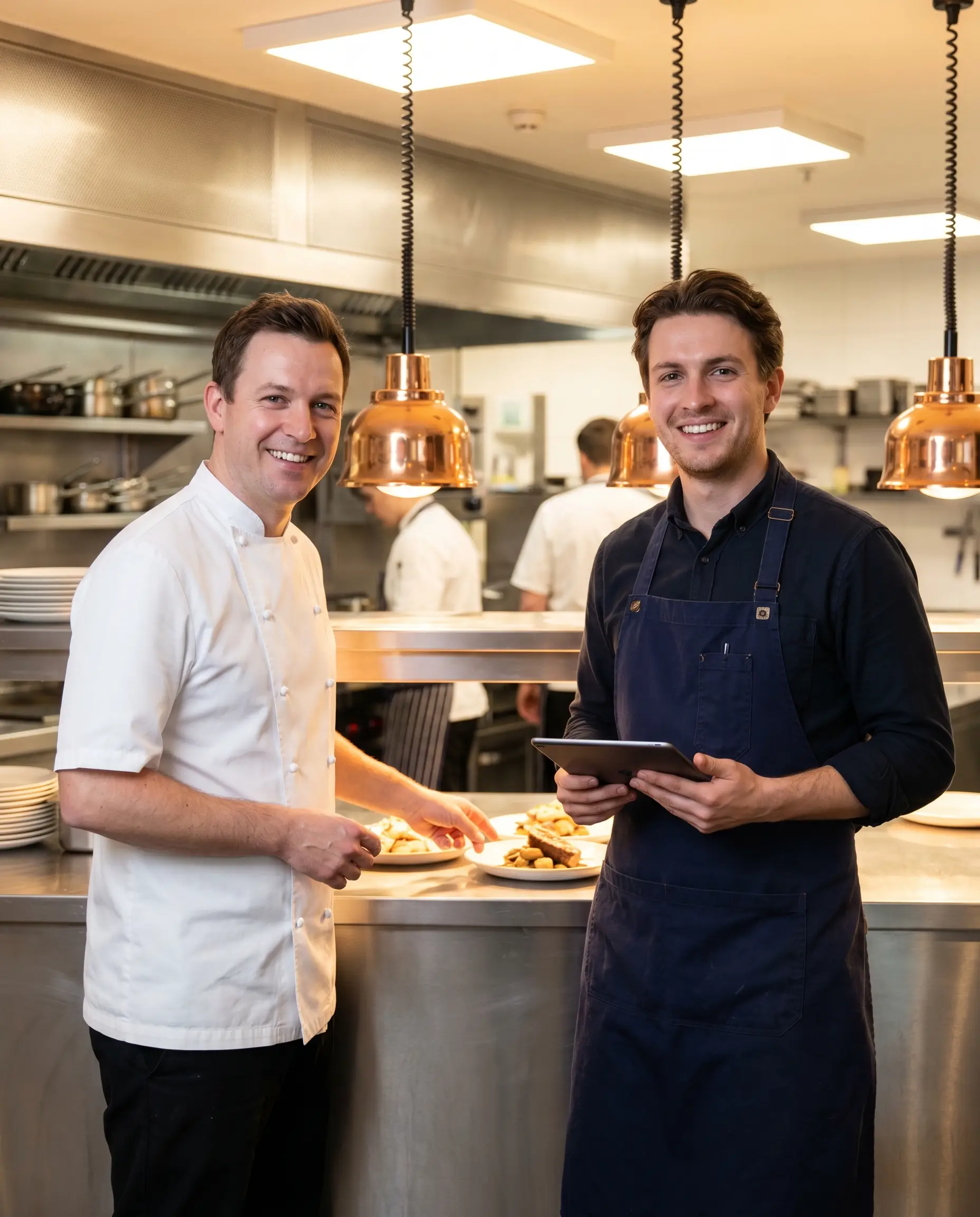 A chef in a white jacket beside a front-of-house waiter in a navy apron in a modern restaurant