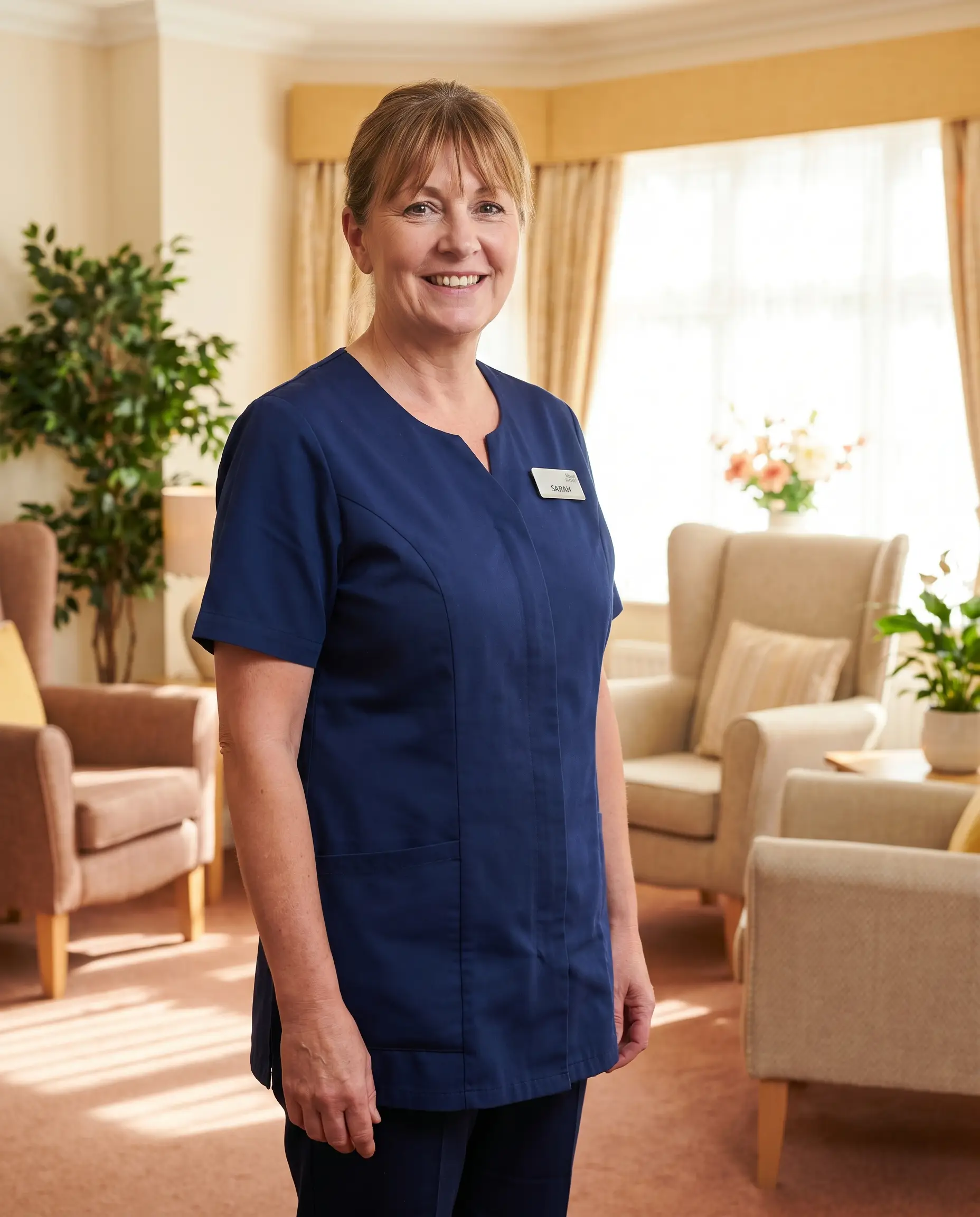 A smiling care worker in a navy healthcare tunic in a bright care-home lounge
