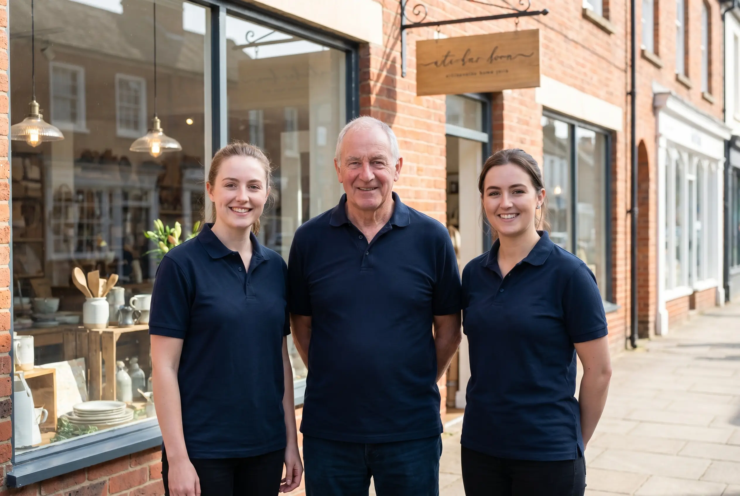 A small business team in matching navy branded polo shirts standing outside their shopfront
