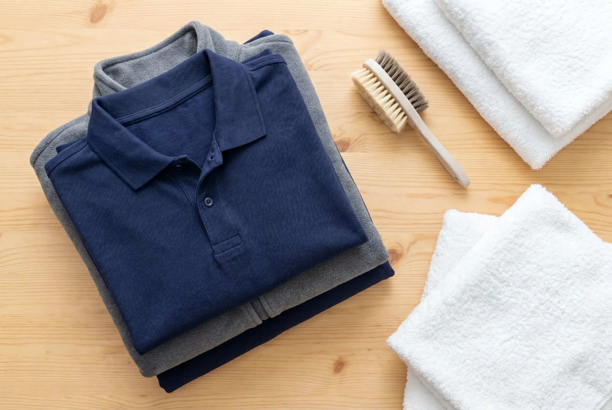 Freshly laundered folded navy work polos and a grey fleece neatly stacked