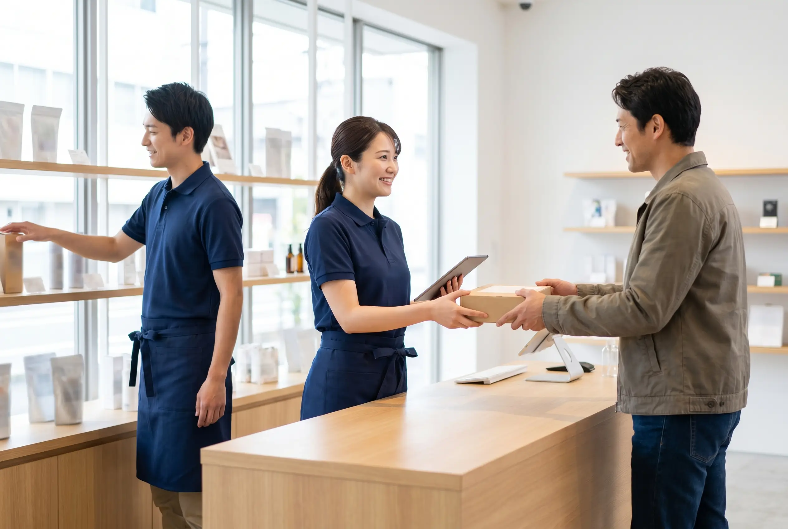 Smart retail staff in matching navy branded polo shirts serving a customer at a counter