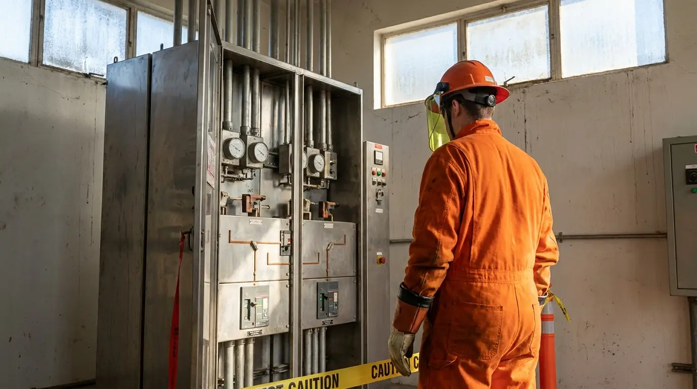 Electrical worker in an orange flame-resistant arc-flash coverall and helmet at a switchgear panel