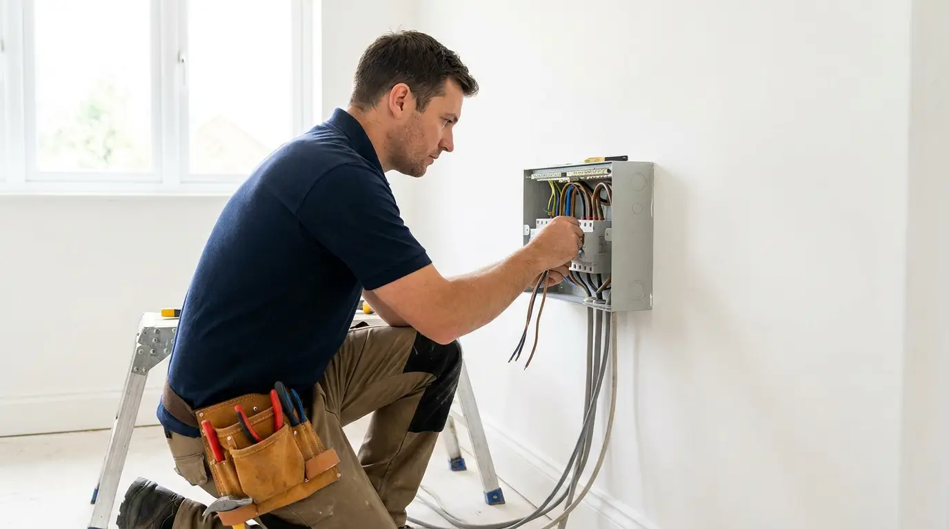 Electrician in a navy branded work polo and work trousers wiring a domestic consumer unit