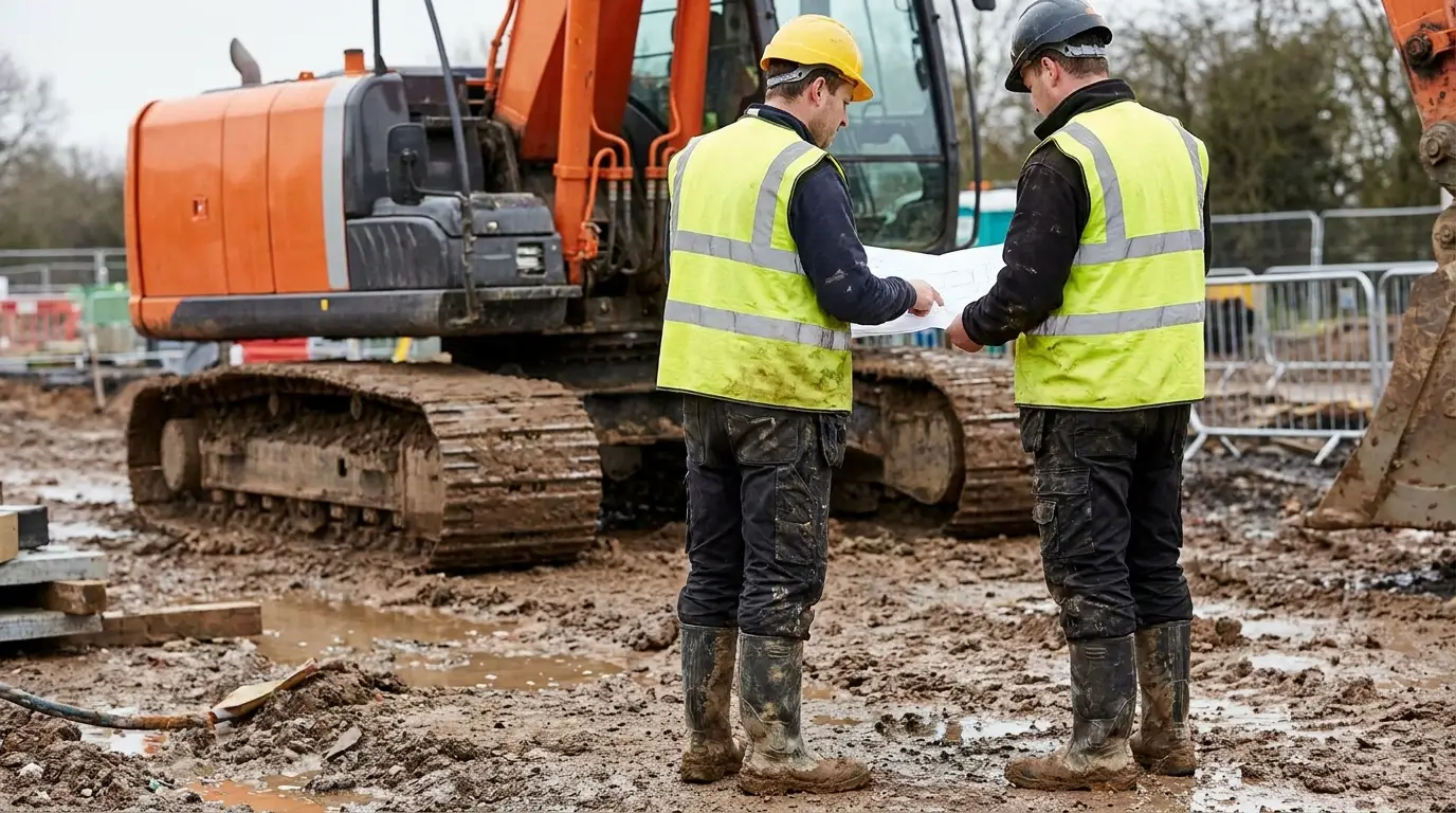 Two groundworkers in yellow hi-vis vests and work trousers on a civil engineering site with an excavator behind