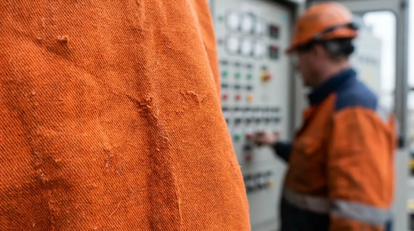 Close-up of flame-resistant orange workwear fabric with an electrician at an industrial panel behind