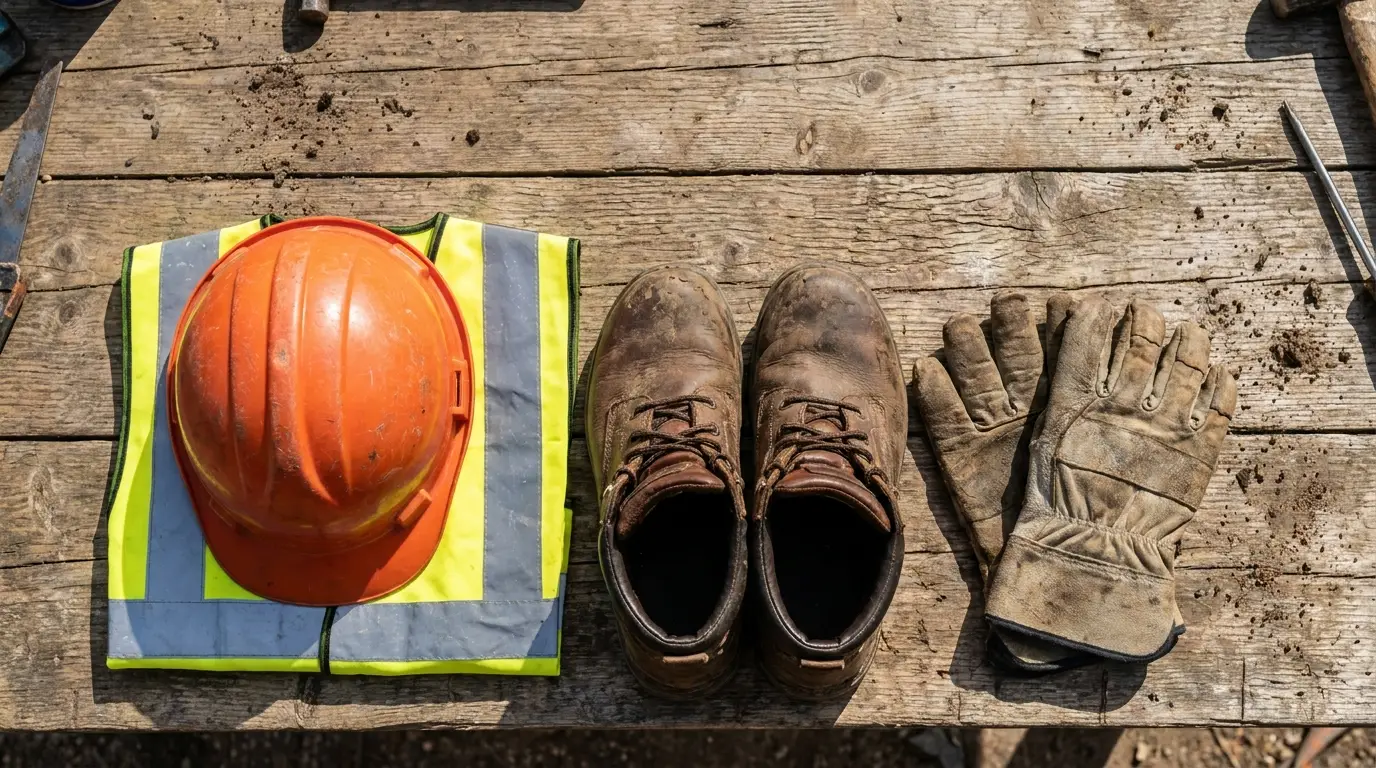 Groundworks PPE laid out on a workbench: hard hat, hi-vis vest, safety boots and gloves