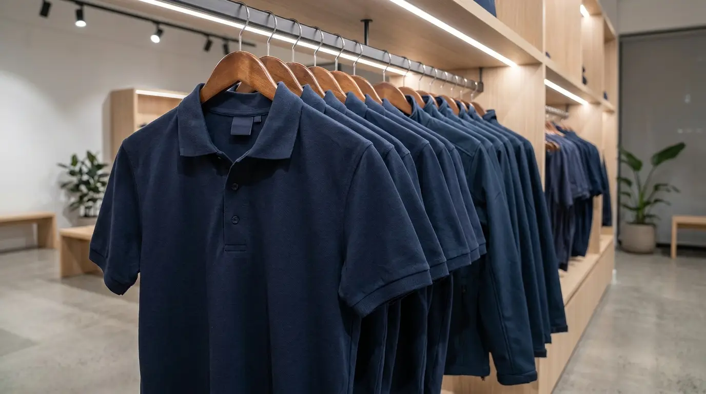 A row of matching plain navy branded workwear polos and softshell jackets on hangers in a showroom