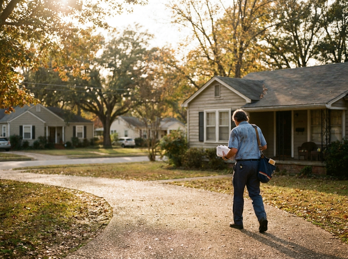 A mail carrier delivering to every home on the route