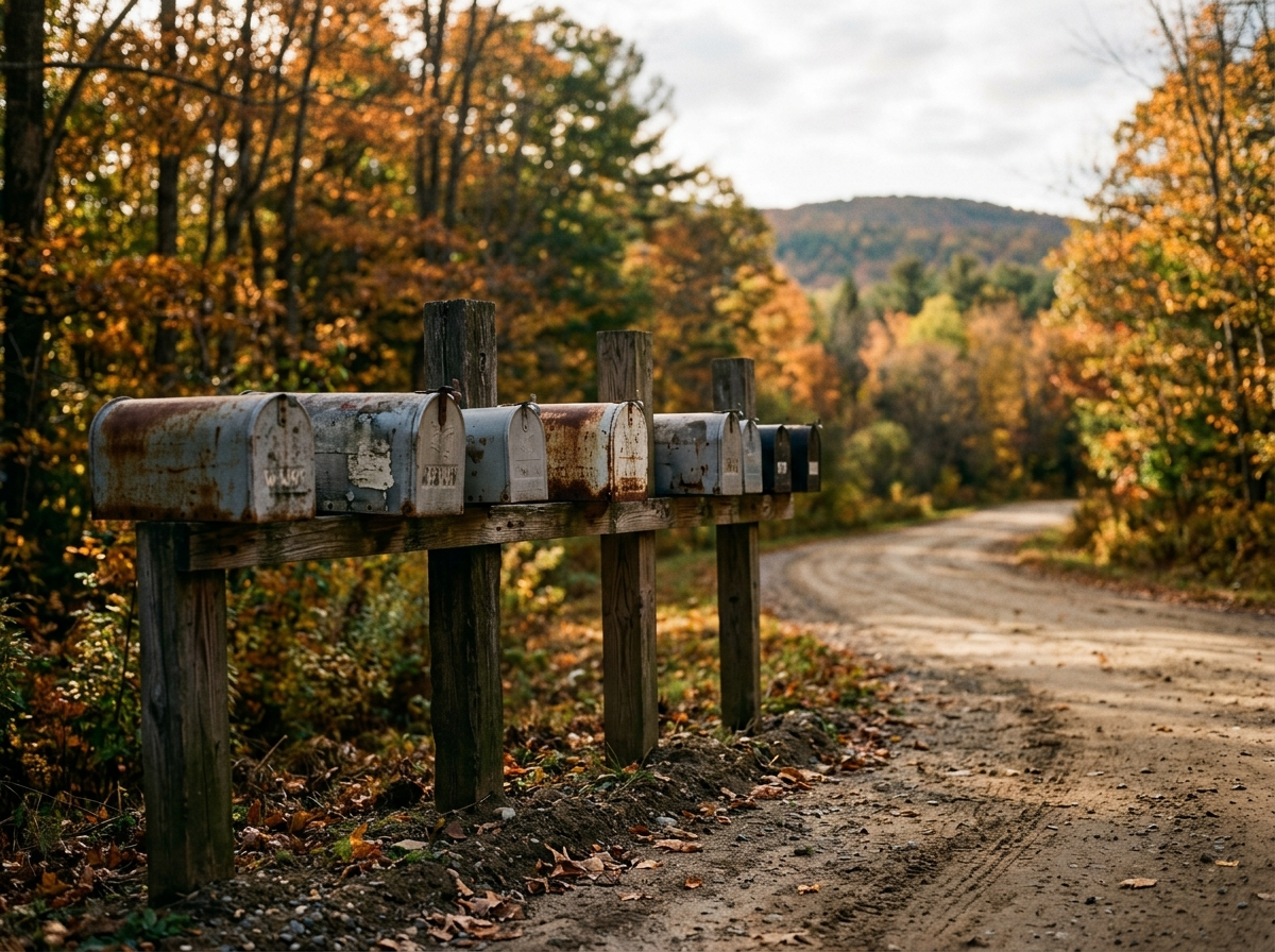 A row of rural mailboxes on wooden posts along a residential route