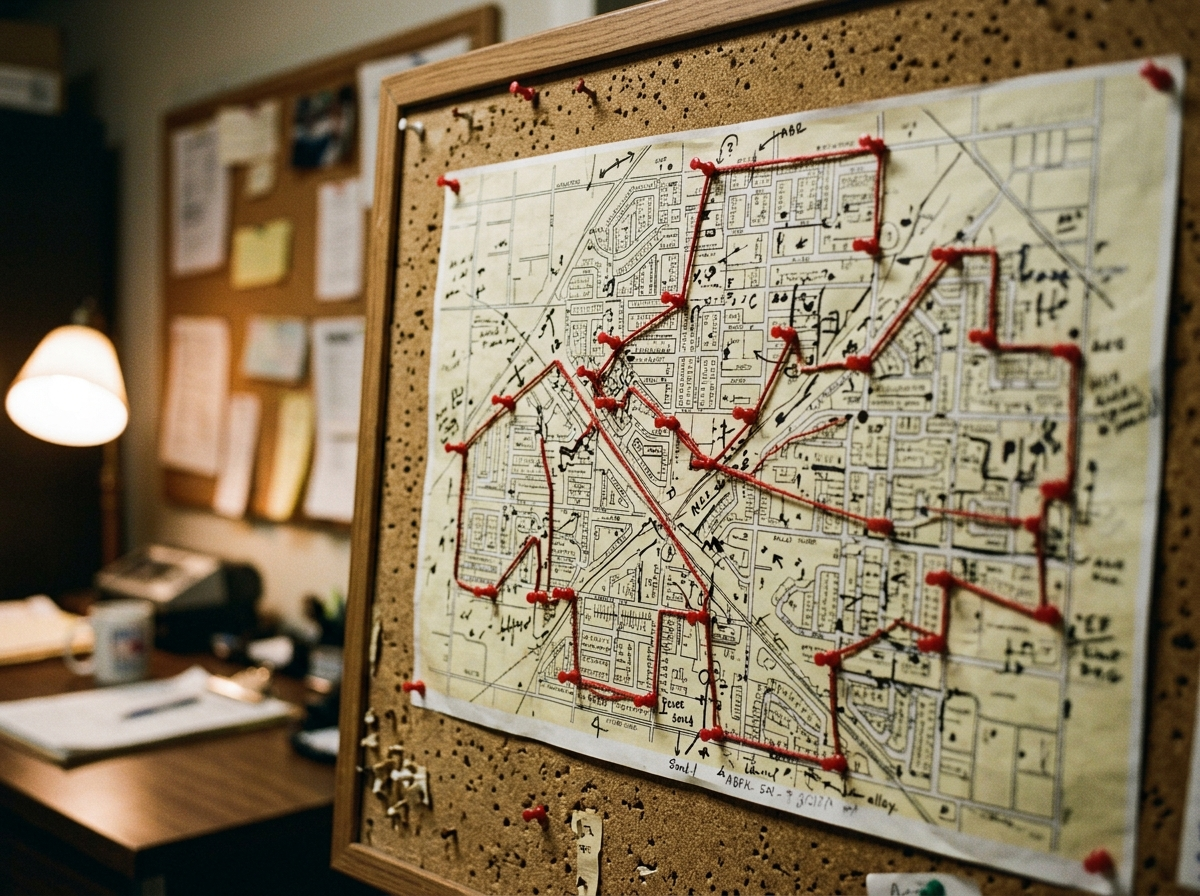 A carrier-route map pinned to a corkboard with string and pushpins