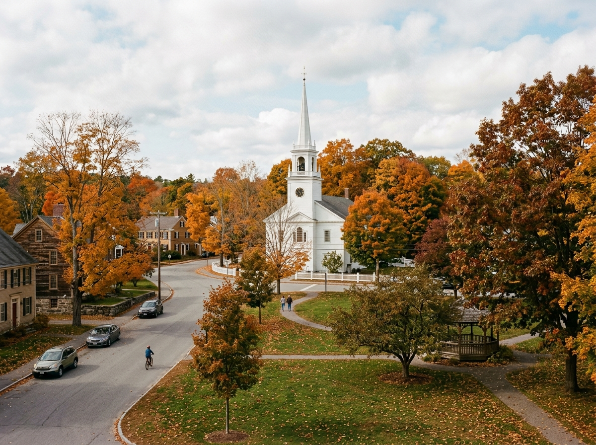A New England town green with a white church steeple in autumn