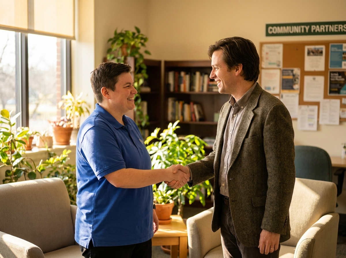A First Step Healthcare staff member warmly shaking hands with a referral partner in a welcoming community office