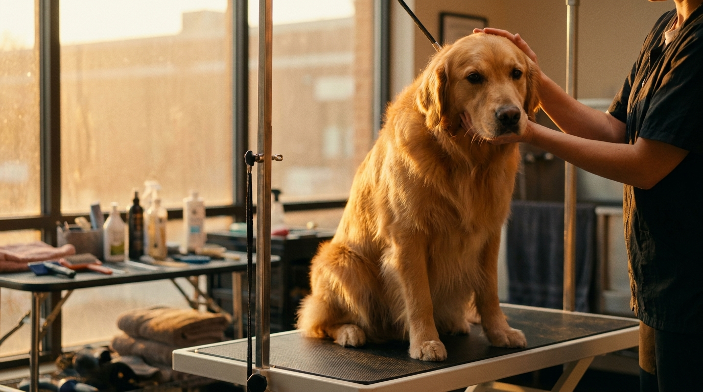 Golden retriever being gently groomed