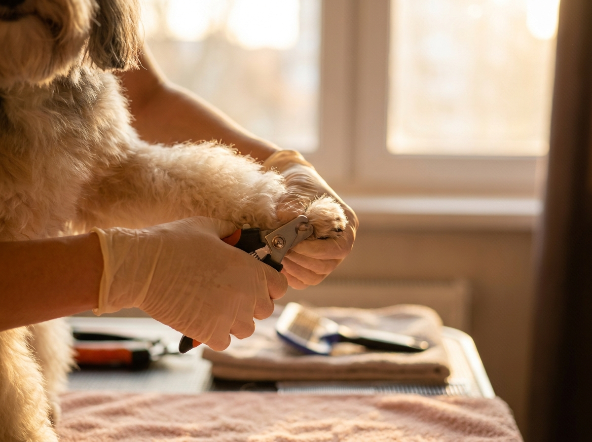 Groomer's hands gently caring for a dog