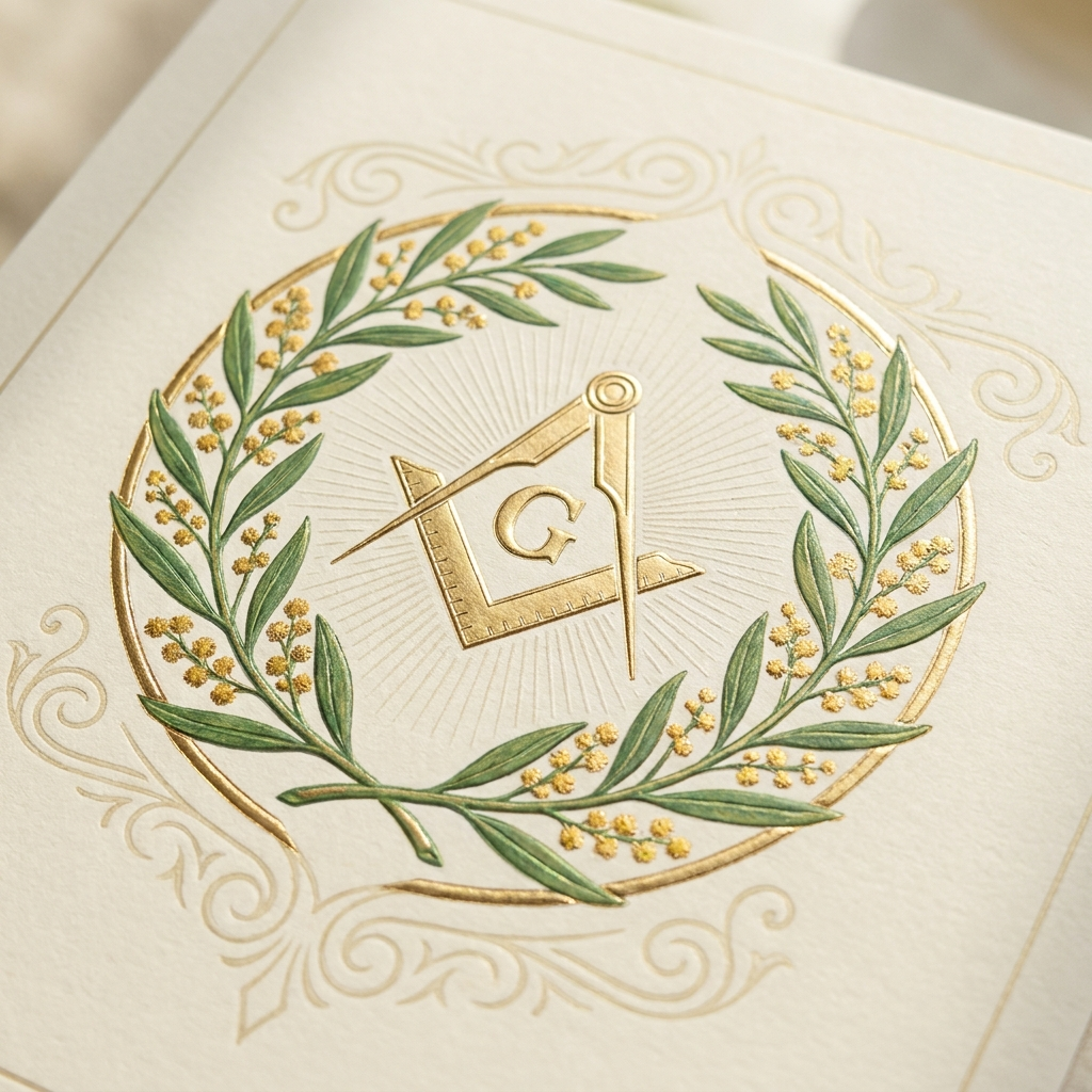 Acacia Lodge crest — square and compasses framed by sprigs of acacia