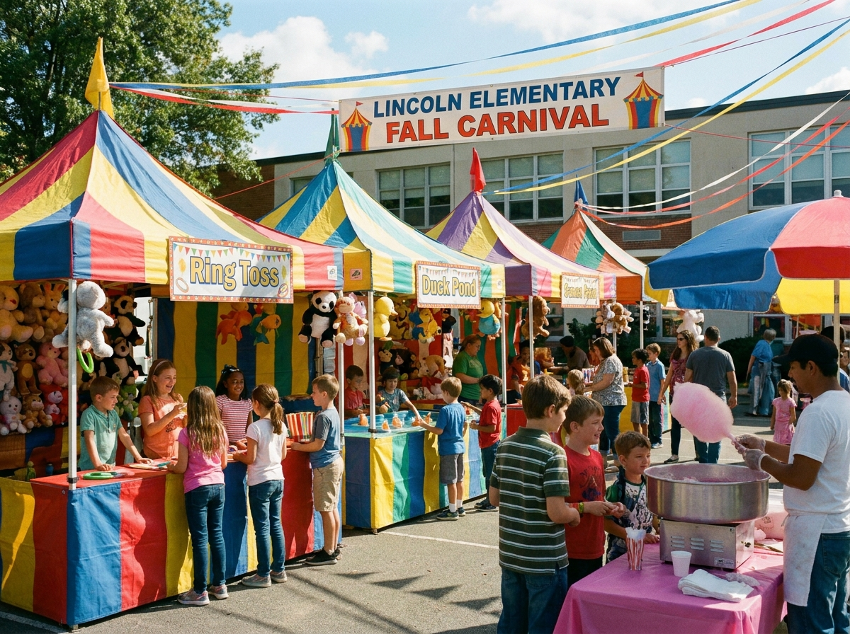 School carnival with game tents, kids winning prizes and cotton candy