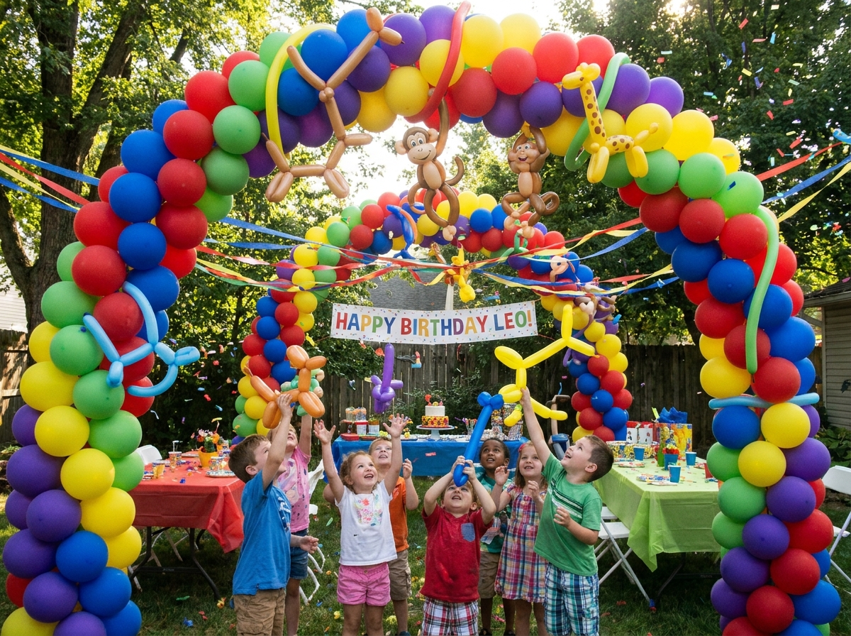 Colorful balloon arch and balloon animal sculptures at birthday party