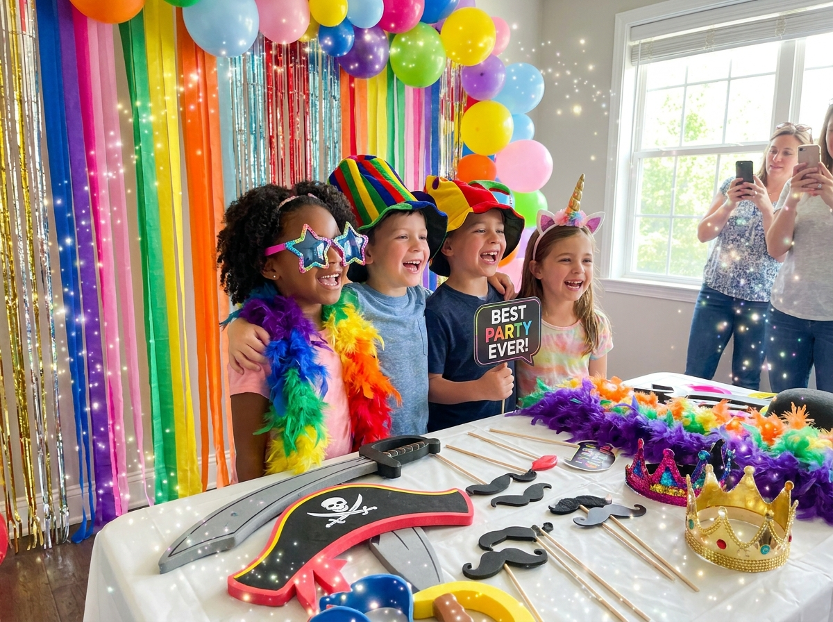 Fun photo booth with props and colorful backdrops at kids party