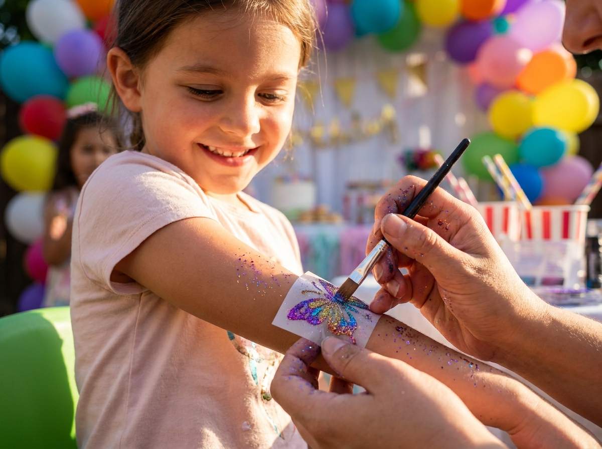 Child getting sparkly glitter tattoo at birthday party