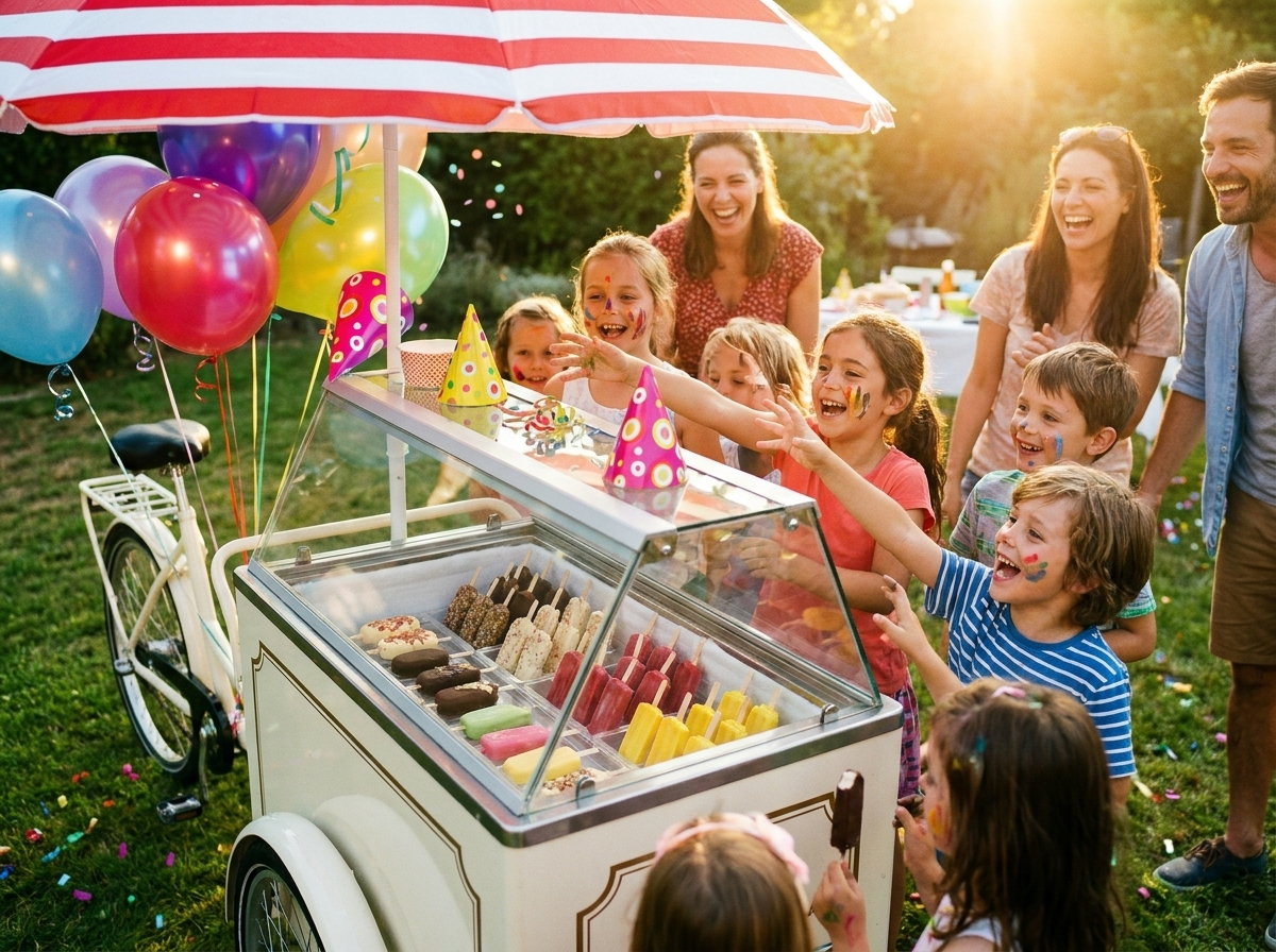 Vintage ice cream cart at children's party with kids in line