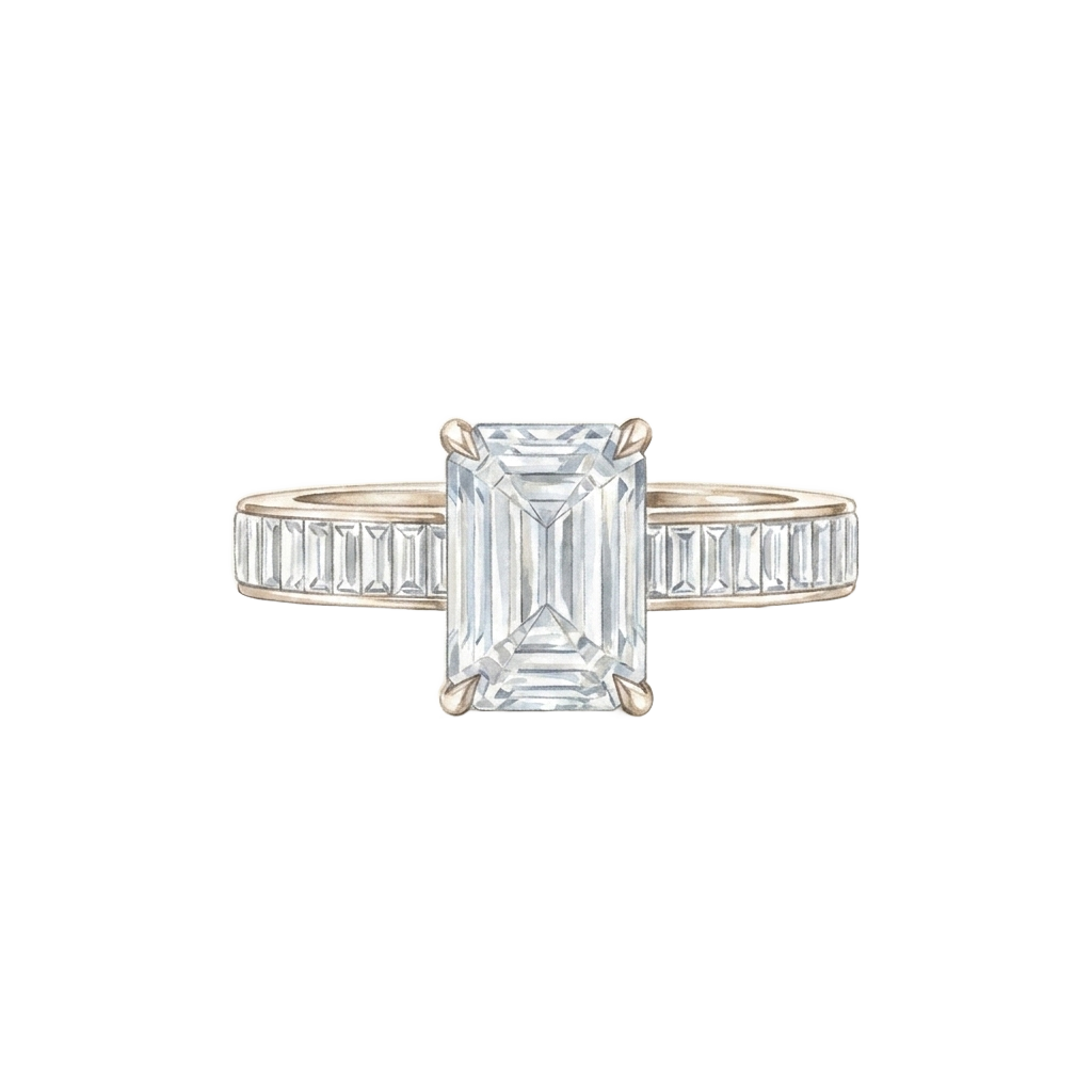 Hand-painted illustration of an emerald cut lab-grown diamond